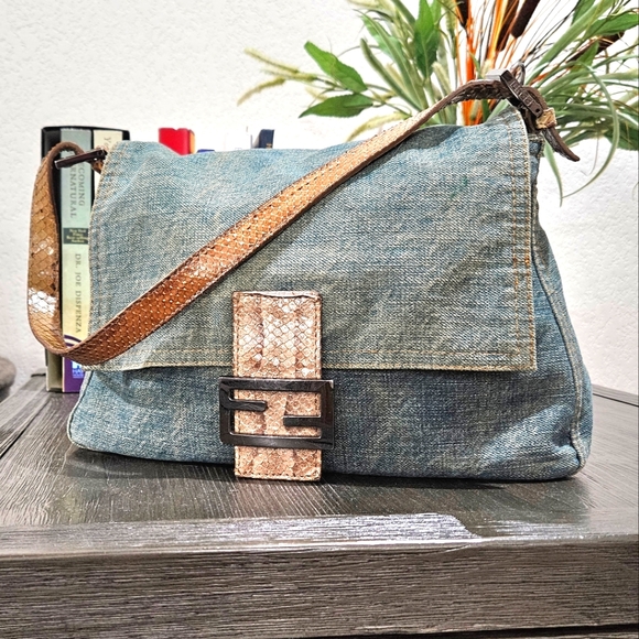 Fendi Handbags - Fendi denim python mama baguette bag